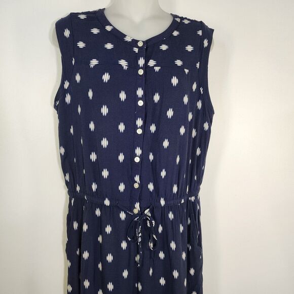 Ann Taylor Loft Womens Medium Jumpsuit Navy Blue IKAT Print Drawstring Waist - Picture 5 of 15